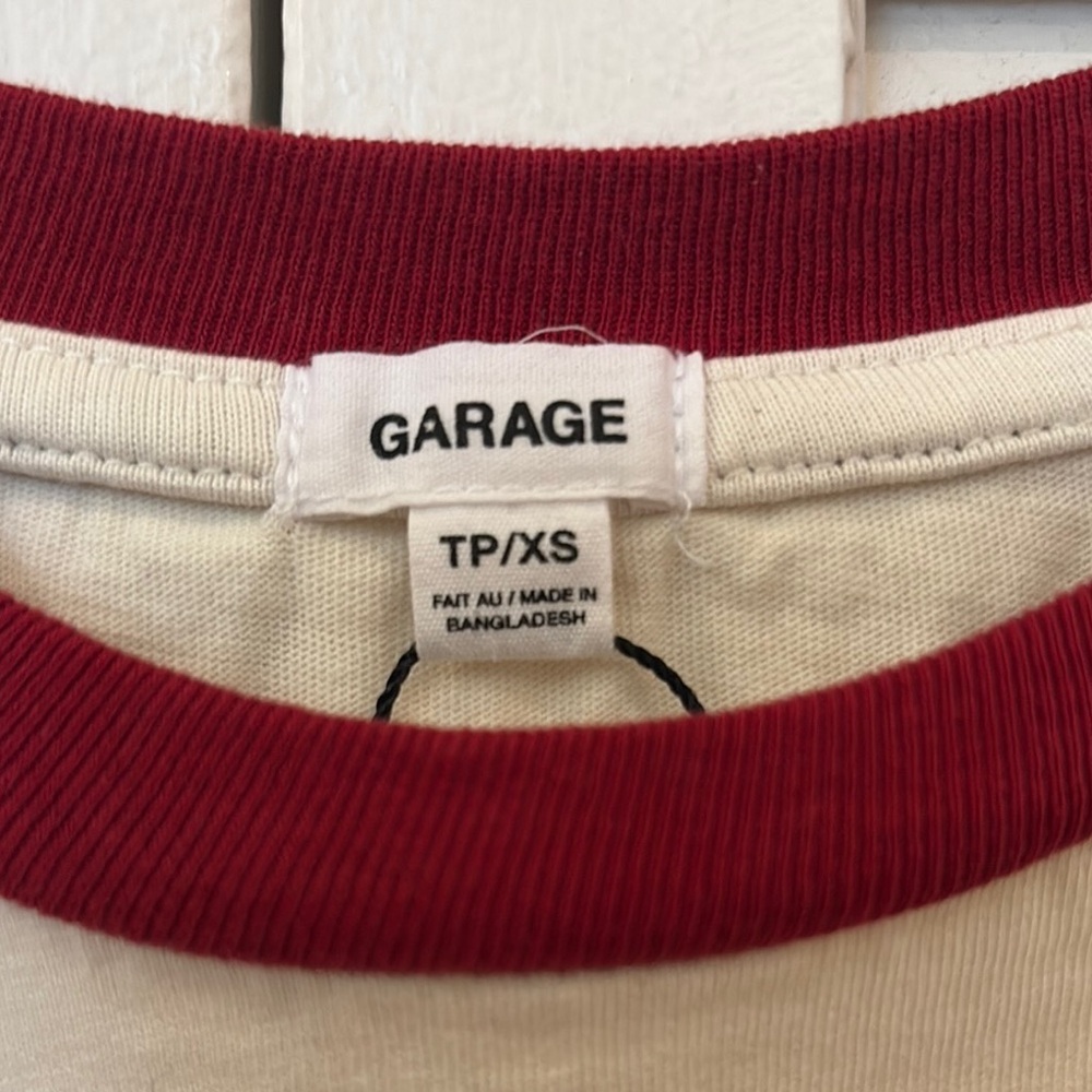 Cream and Red Women's Oversized Garage Crop Top - Picture 2 of 5